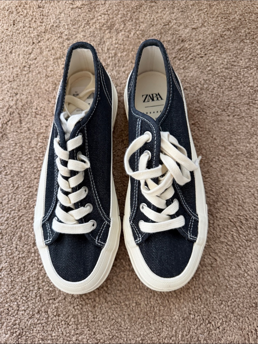 NWT Zara Black Canvas Sneakers with Cream Laces